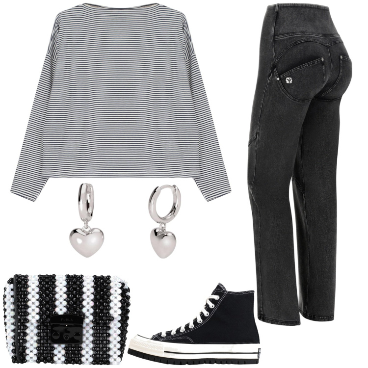 Outfit donna - Look per l\' università. Stile Casual per Scuola/Università. Abbinamento con sneakers, borse a tracolla, orecchini, jeans, maglieria.