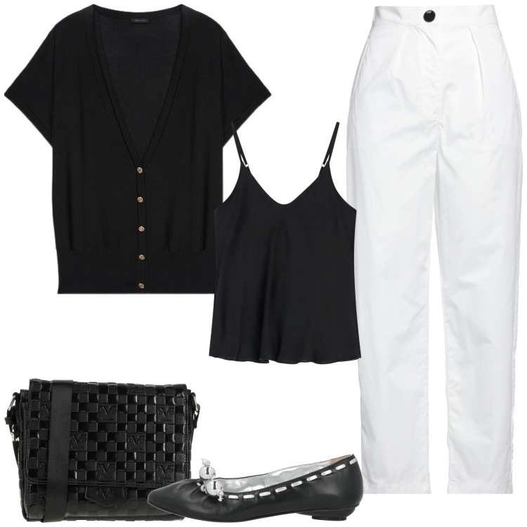 Outfit donna - Bianco e nero. Stile Casual chic per Tutti i giorni. Abbinamento con pantaloni, borse a tracolla, ballerine, top, cardigans.