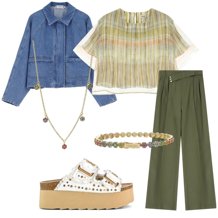 Outfit donna - Verso la stagione estiva. Stile Casual chic per Tutti i giorni. Abbinamento con braccialetti, ciondoli, blazer, pantaloni, top, sandali.