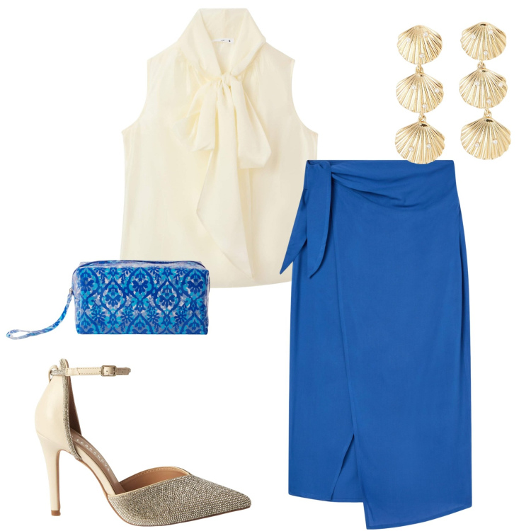 Outfit donna - Terranova Summer. Stile Casual chic per Cerimonia. Abbinamento con gonne lunghe, bluse, orecchini, décolleté, pochette.