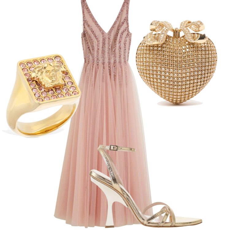 Outfit donna - Pink lady. Stile Romantica per Cerimonia. Abbinamento con vestiti lunghi, sandali col tacco, anelli, pochette.
