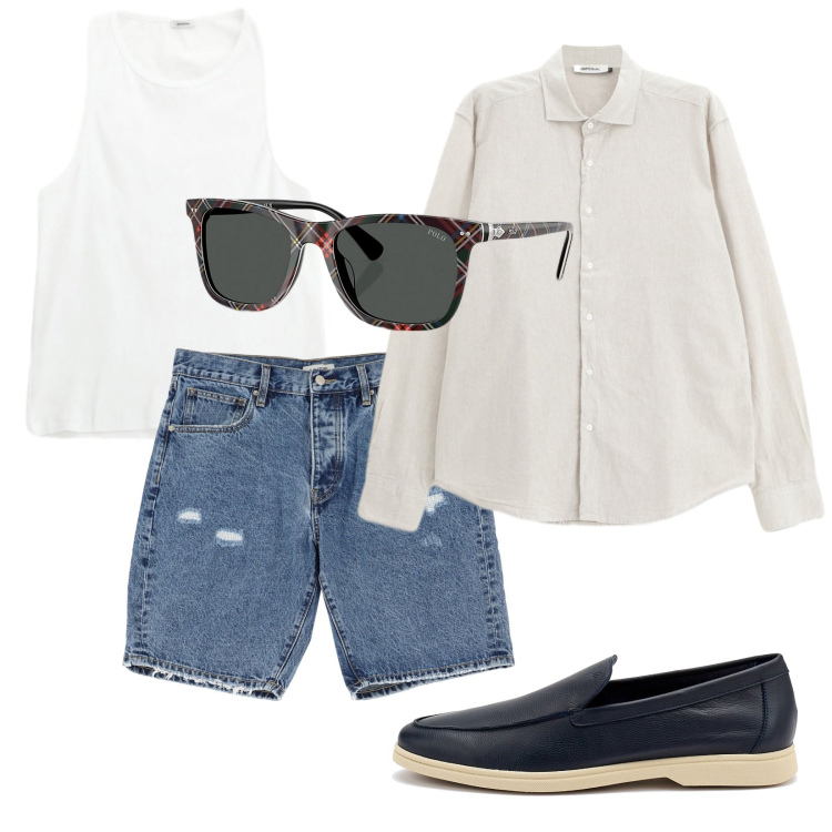Outfit uomo - Lino e bermuda. Stile Trendy per Tutti i giorni. Abbinamento con bermuda, camicie, canottiere, occhiali da sole, scarpe stringate.