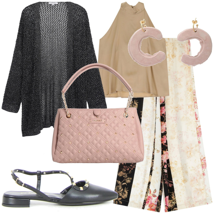 Outfit donna - Total look versatile. Stile Casual chic per Tutti i giorni. Abbinamento con borse a mano, orecchini, kimono, pantaloni a palazzo, top, sandali in pelle.