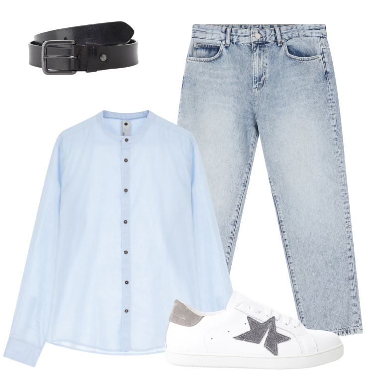 Outfit uomo - Aperitivo. Stile Trendy per Serata speciale. Abbinamento con camicie, jeans dritti, cinture, sneakers.