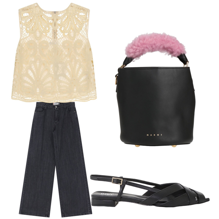 Outfit donna - Aperitivo. Stile Trendy per Tutti i giorni. Abbinamento con borse a secchiello, jeans, sandali, top.