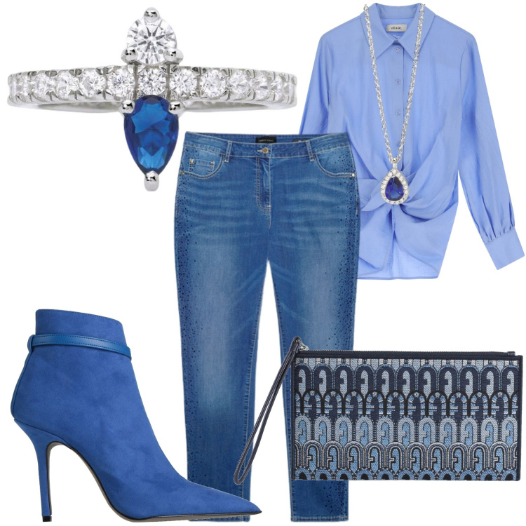 Outfit donna - Ufficio e apericena. Stile Casual chic per Tutti i giorni. Abbinamento con stivaletti, borse a mano, anelli, collane, camicie, jeans skinny.