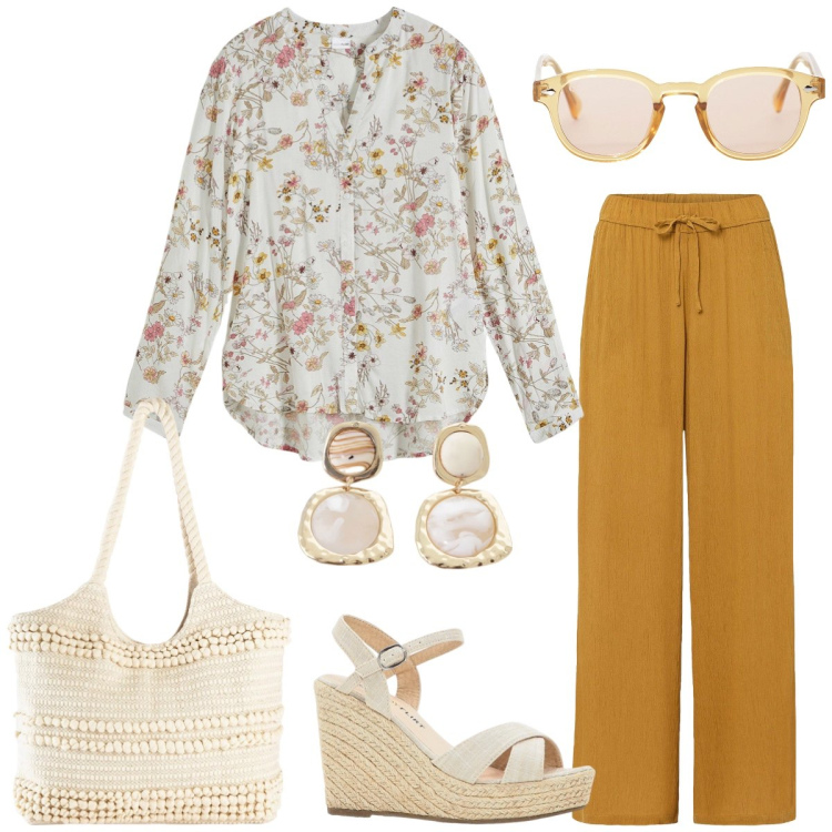 Outfit donna - Passeggiata. Stile Casual per Tutti i giorni. Abbinamento con pantaloni, camicie, sandali, shopping bag, occhiali da sole, orecchini.