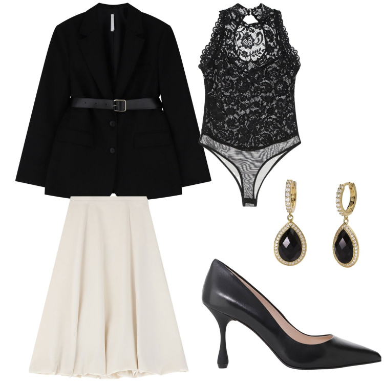 Outfit donna - Total look #2174016. Stile Bon Ton per Serata fuori. Abbinamento con orecchini, gonne longuette, blazer, body, décolleté.