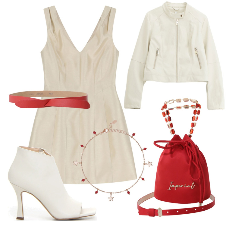 Outfit donna - Champagnina. Stile Casual chic per Ufficio. Abbinamento con braccialetti con ciondoli, giacche, borse a secchiello, vestiti corti, cinture, sandali col tacco.