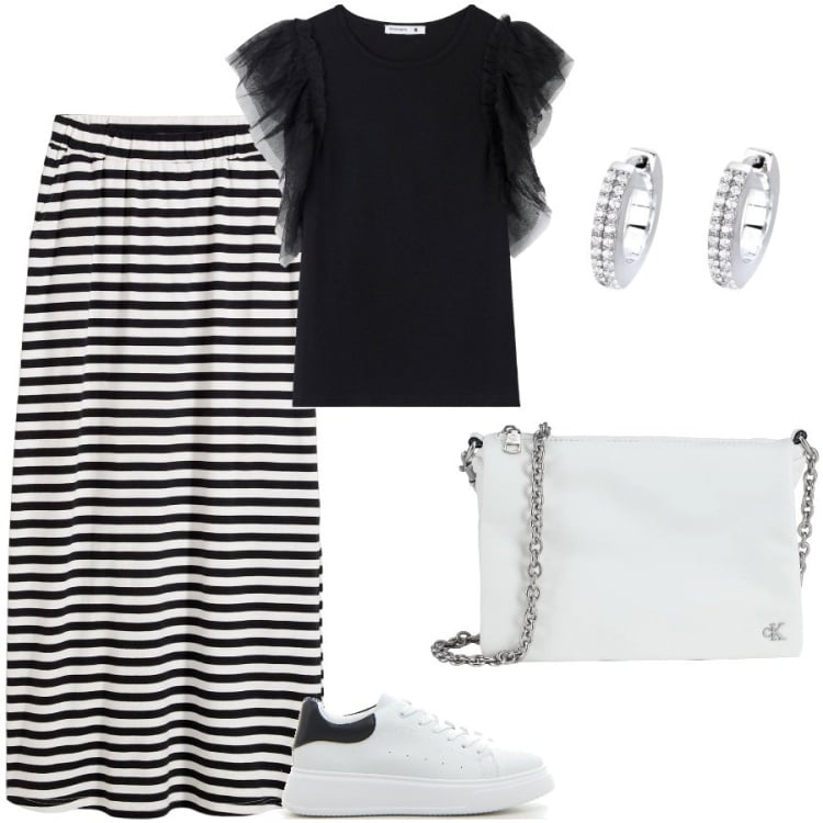 Outfit donna - Righe. Stile Casual chic per Ufficio. Abbinamento con borse a tracolla, gonne lunghe, orecchini, t-shirt, sneakers.