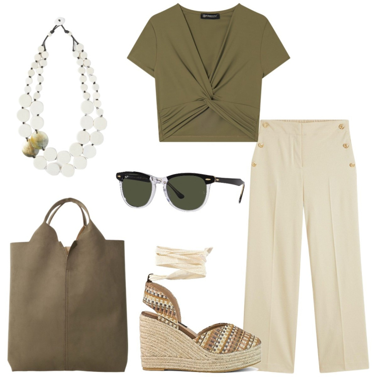 Outfit donna - Tempo libero. Stile Casual per Tutti i giorni. Abbinamento con pantaloni, occhiali da sole, t-shirt, shopping bag, zeppe, ciondoli.