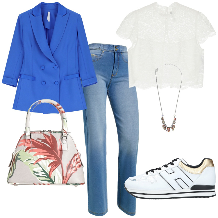 Outfit donna - Total look #2174022. Stile Casual per Tutti i giorni. Abbinamento con sneakers, collane, borse a mano, blazer, top, jeans.