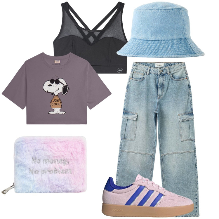 Outfit donna - Primavera casual. Stile Casual chic per Tutti i giorni. Abbinamento con cappelli, jeans, portafogli, canottiere, t-shirt, sneakers.