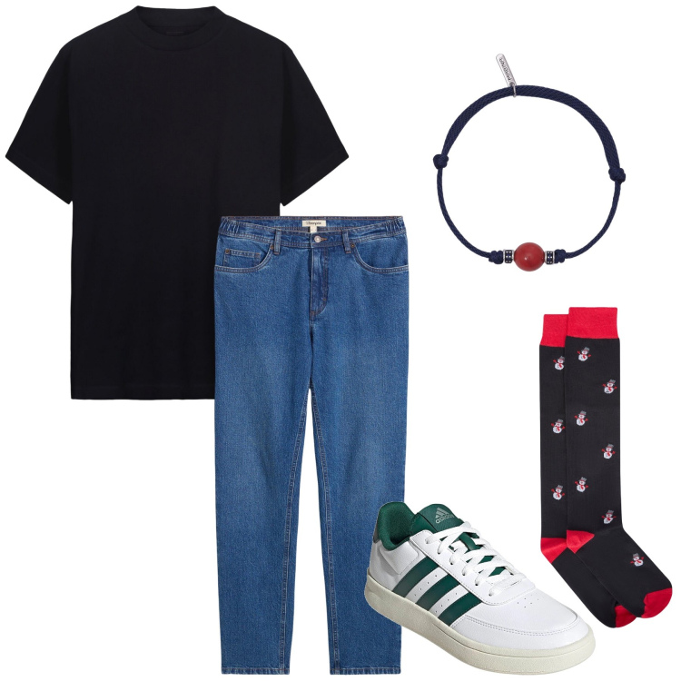 Outfit uomo - Tempo libero. Stile Casual per Tutti i giorni. Abbinamento con jeans dritti, braccialetti, t-shirt, calzini, sneakers.