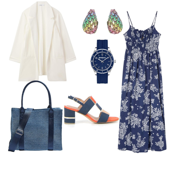 Outfit donna - L’ora dell’aperitivo. Stile Casual chic per Tutti i giorni. Abbinamento con vestiti lunghi, shopping bag, blazer, orologi, orecchini, sandali in pelle.