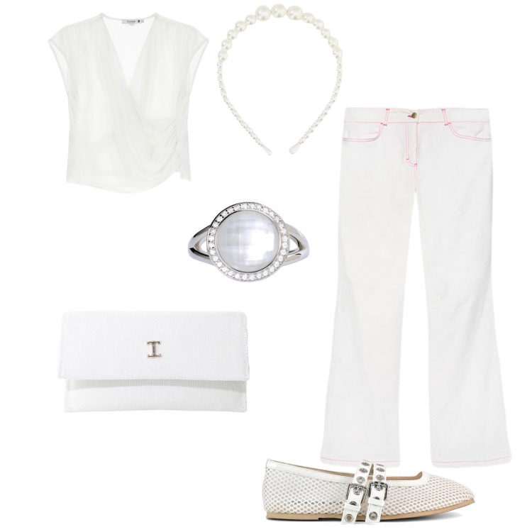Outfit donna - Bianco assoluto. Stile Chic per Serata fuori. Abbinamento con anelli, maglieria, borse a tracolla, cerchietti, pantaloni, ballerine.