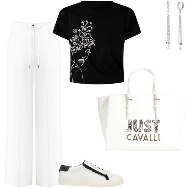 Outfit donna - Aperitivo in bianco e nero. Stile Casual chic per Serata fuori. Abbinamento con sneakers, borse a mano, orecchini, t-shirt, pantaloni.