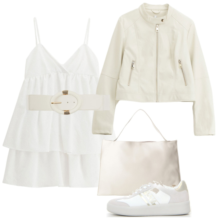 Outfit donna - Bianco assoluto. Stile Romantica per Tutti i giorni. Abbinamento con cinture, vestiti corti, giacche, borse a spalla, sneakers.