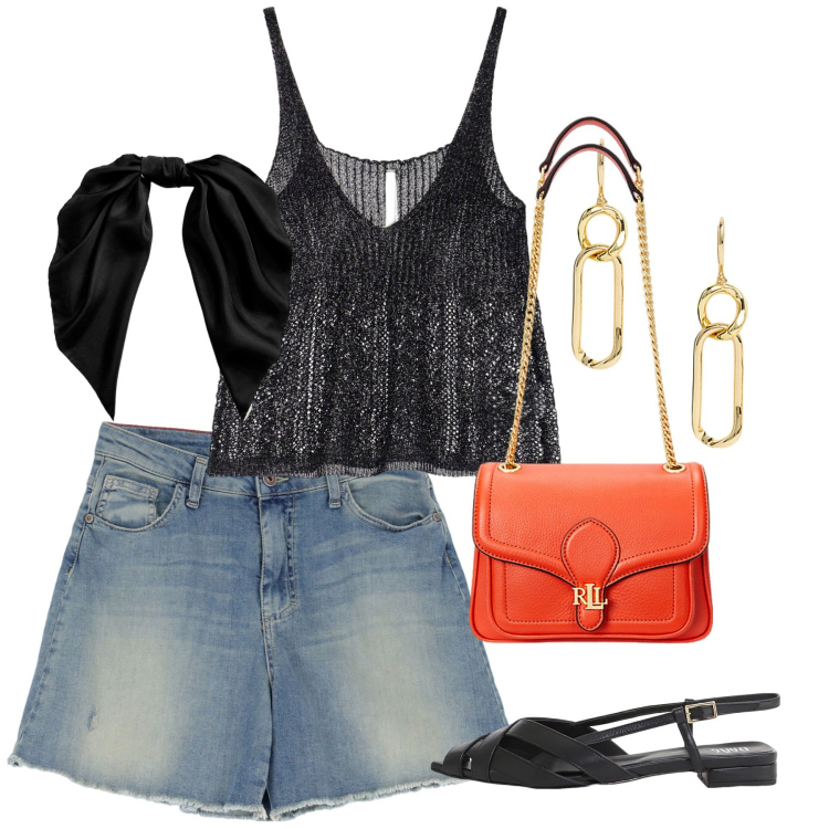 Outfit donna - Concerti rock, musica live a maggio - @e. Stile Rock per Serata fuori. Abbinamento con shorts, top, sandali, borse a spalla, foulard, orecchini.