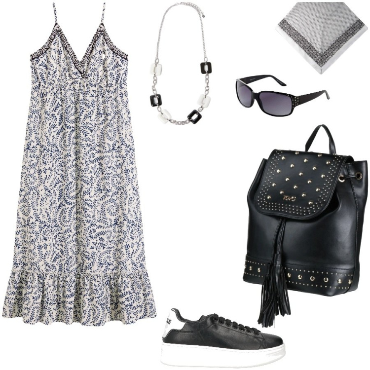Outfit donna - Visitando musei. Stile Casual per Tutti i giorni. Abbinamento con vestiti, occhiali da sole, zaini, sneakers, foulard, collane.