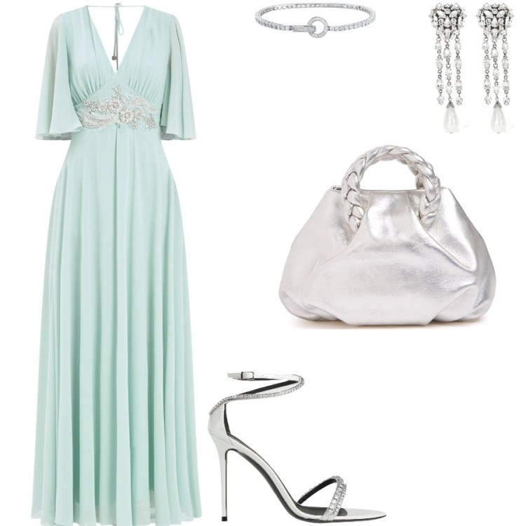 Outfit donna - Matrimonio alle porte. Stile Chic per Cerimonia. Abbinamento con sandali in pelle, braccialetti, vestiti, borse a mano, orecchini.