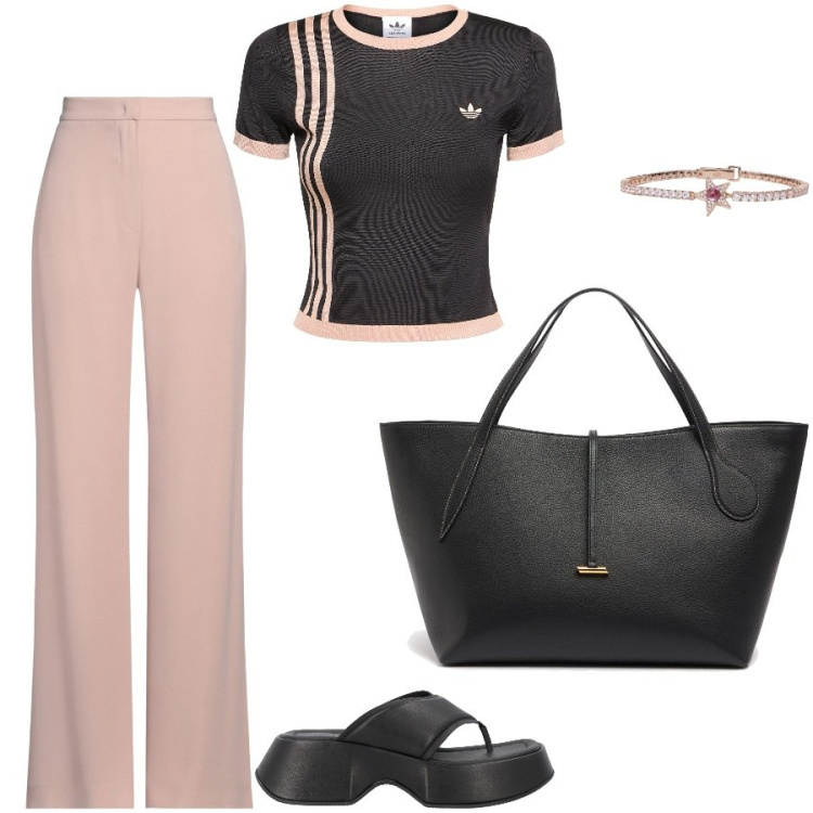 Outfit donna - Il look sporty chic. Stile Sporty chic per Scuola/Università. Abbinamento con pantaloni, ciabatte, braccialetti, t-shirt, shopping bag.