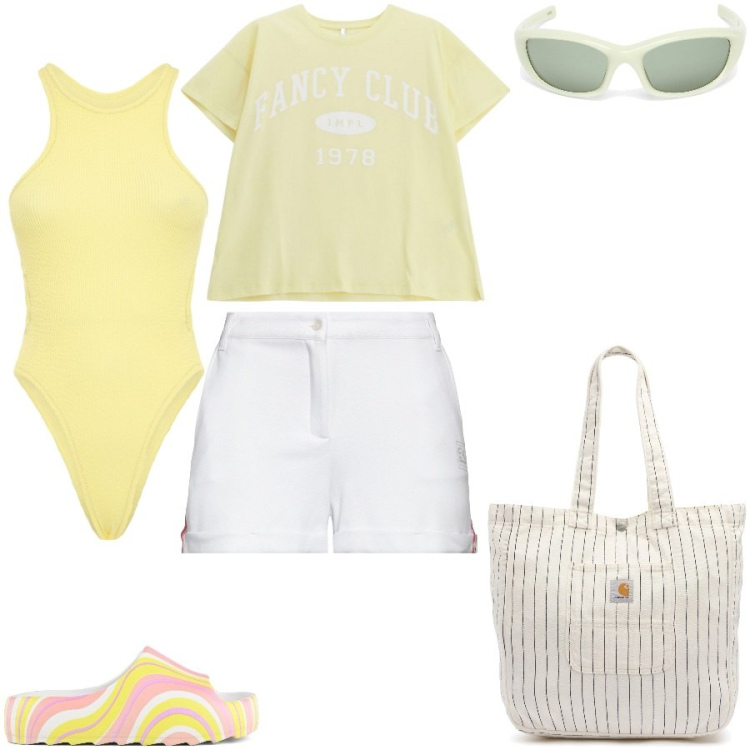 Outfit donna - Sapore di mare. Stile Casual per Mare. Abbinamento con shorts, t-shirt, ciabatte, costumi interi, occhiali da sole, borse tote.