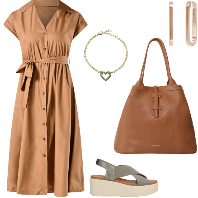 Outfit donna - In ufficio con l\'abito chemisier. Stile Casual chic per Ufficio. Abbinamento con sandali in pelle, borse tote, braccialetti, orecchini, vestiti chemisier.