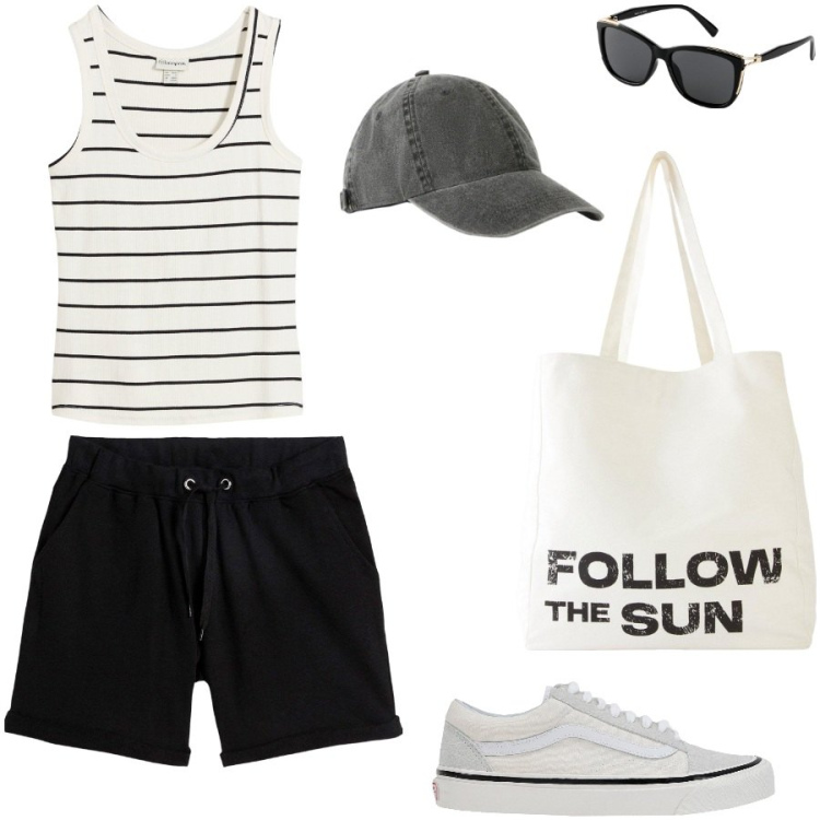 Outfit donna - Giornate al parco. Stile Casual per Tutti i giorni. Abbinamento con occhiali da sole, cappelli con visiera, shorts, canottiere, shopping bag, sneakers.
