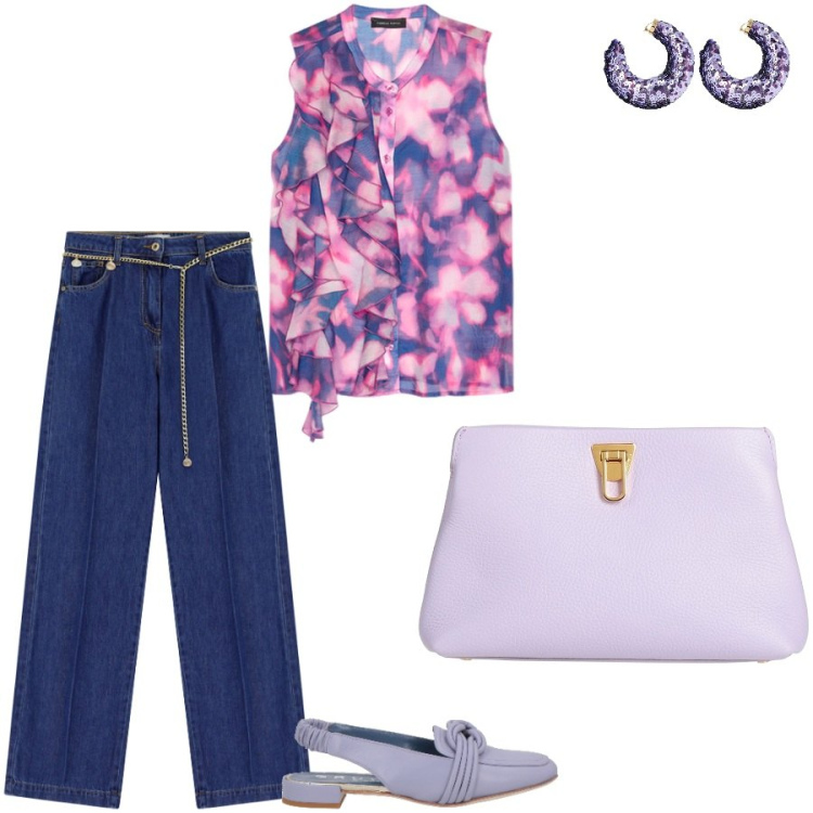 Outfit donna - Purple at work. Stile Casual chic per Ufficio. Abbinamento con ballerine, borse a mano, jeans, top, orecchini.