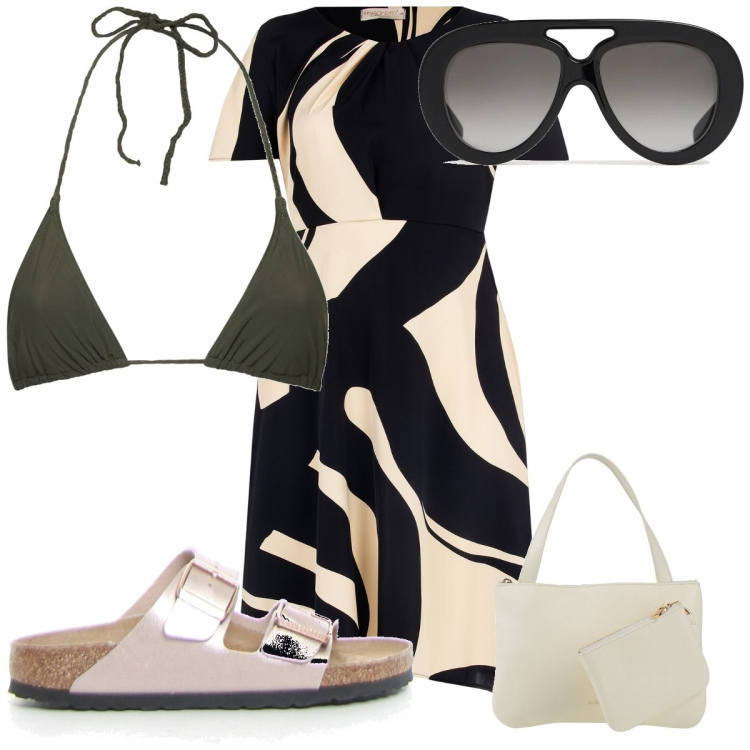 Outfit donna - Total look #2174058. Stile 70s per Mare. Abbinamento con borse a mano, vestiti corti, ciabatte, occhiali da sole, bikini.