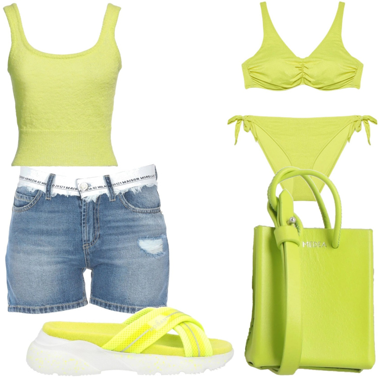 Outfit donna - Vacanze al mare. Stile Casual per Mare. Abbinamento con sandali col tacco, shorts, top, borse a spalla, bikini.