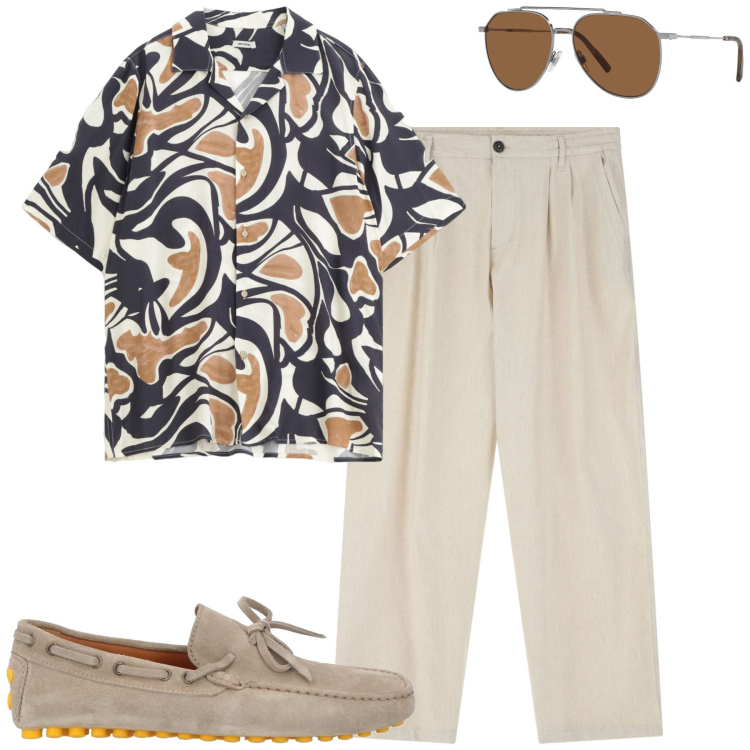 Outfit uomo - City. Stile Urban per Tutti i giorni. Abbinamento con scarpe stringate, occhiali da sole, pantaloni, camicie a manica corta.
