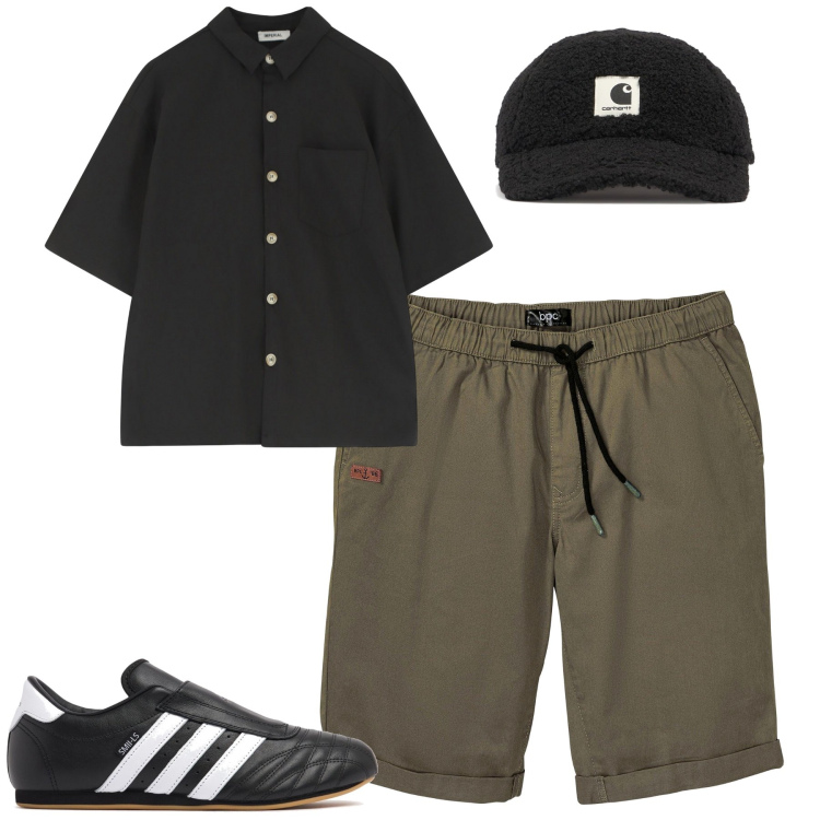 Outfit uomo - City. Stile Casual per Tutti i giorni. Abbinamento con bermuda, camicie a manica corta, cappelli, sneakers.