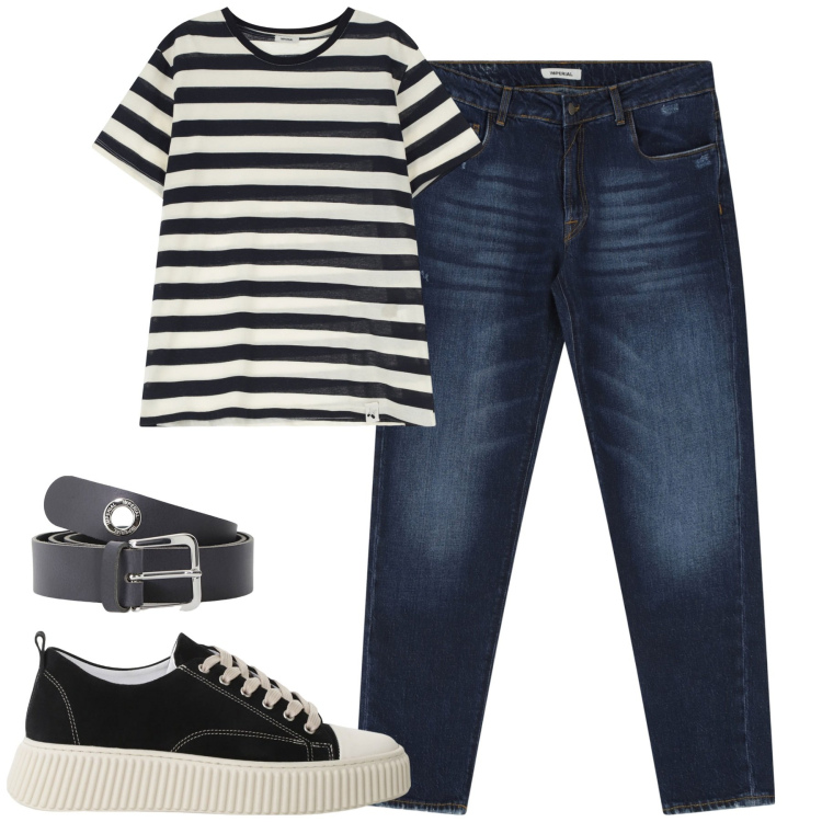 Outfit uomo - City. Stile Casual per Tutti i giorni. Abbinamento con sneakers, cinture, t-shirt, jeans dritti.
