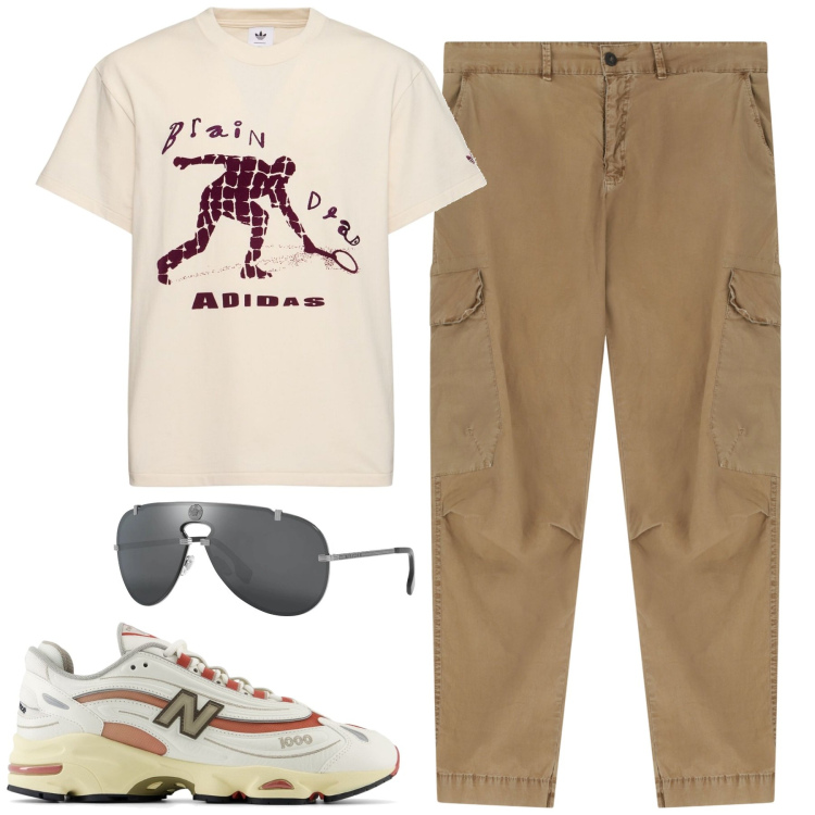 Outfit uomo - City. Stile Casual per Tutti i giorni. Abbinamento con occhiali da sole, sneakers, pantaloni cargo, t-shirt.