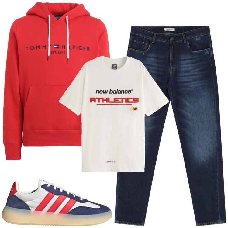 Outfit uomo - Total look #2174119. Stile Casual per Tutti i giorni. Abbinamento con felpe con cappuccio, t-shirt, jeans dritti, sneakers.