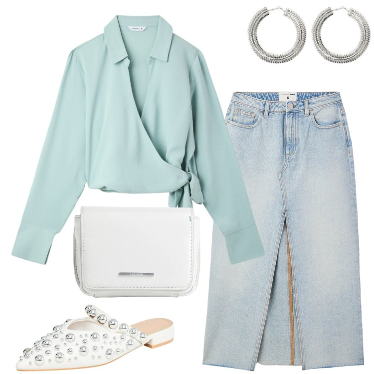 Outfit donna - Gonna in jeans. Stile Casual chic per Serata fuori. Abbinamento con marsupi, ballerine, camicie, gonne lunghe, orecchini.