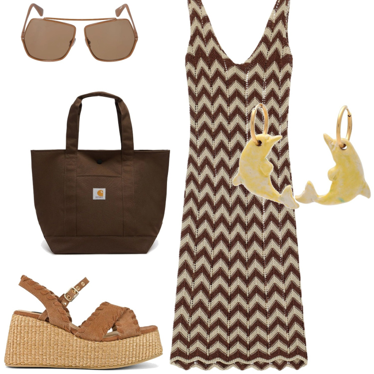 Outfit donna - Summer. Stile Urban per Tutti i giorni. Abbinamento con orecchini, vestiti midi/longuette, zeppe, borse tote, occhiali da sole.