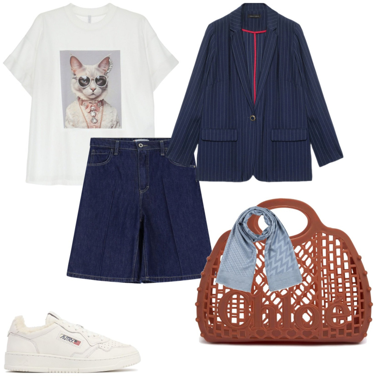 Outfit donna - È arrivata la bella stagione. per Tutti i giorni. Abbinamento con sciarpe, shorts, t-shirt, blazer, borse a mano, sneakers.