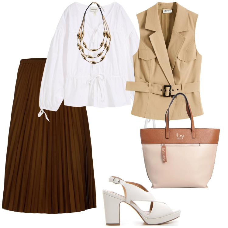 Outfit donna - A lavoro. per Ufficio. Abbinamento con gilet, bluse, borse a mano, gonne longuette, sandali col tacco, collane.
