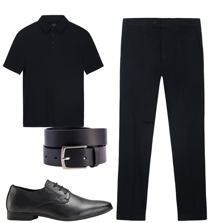Outfit uomo - Total black. Stile Urban per Tutti i giorni. Abbinamento con scarpe stringate, polo, pantaloni chino, cinture.