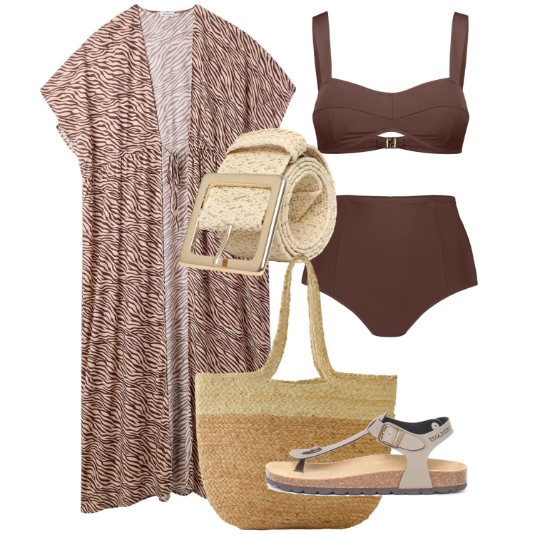 Outfit donna - Summer Outfits. Stile Chic per Mare. Abbinamento con shopping bag, caftani, cinture, bikini, sandali.