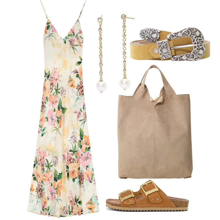 Outfit donna - Summer Outfits. Stile Romantica per Tutti i giorni. Abbinamento con orecchini, vestiti lunghi, shopping bag, cinture, sandali.