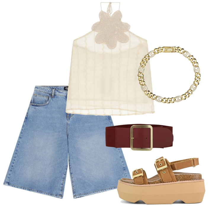 Outfit donna - Summer Outfits. Stile Casual chic per Tutti i giorni. Abbinamento con braccialetti, bermuda, cinture, top, sandali col tacco.