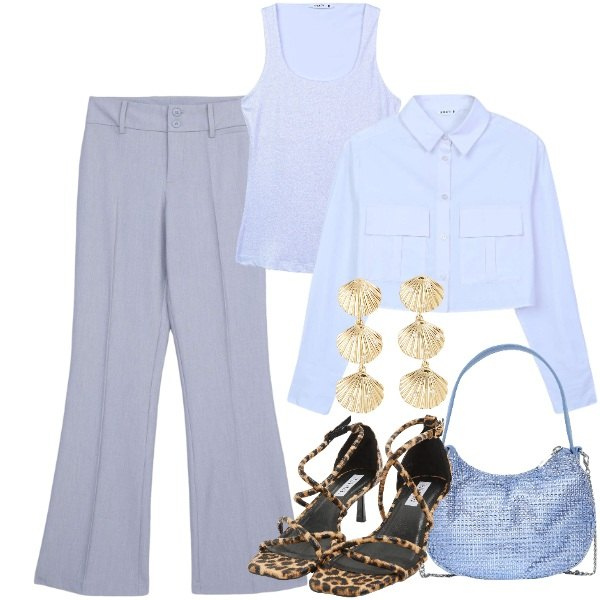 Outfit donna - Terranova - Summer Vibes. Stile Casual chic per Ufficio. Abbinamento con camicie, sandali col tacco, pantaloni, orecchini, canottiere, borse a spalla.
