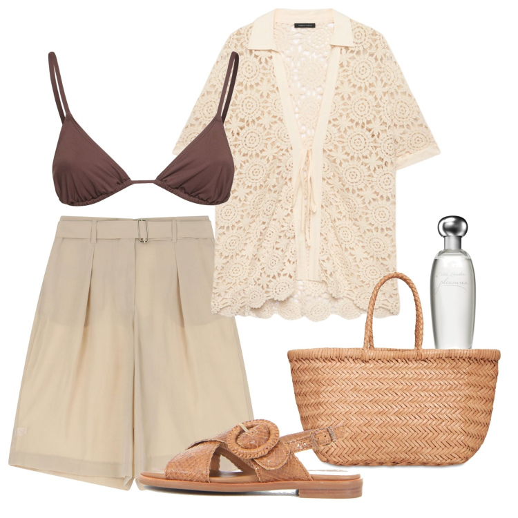 Outfit donna - Promenade. Stile Chic per Tutti i giorni. Abbinamento con profumi, pantaloni corti, camicie a manica corta, shopping bag, bikini, sandali.