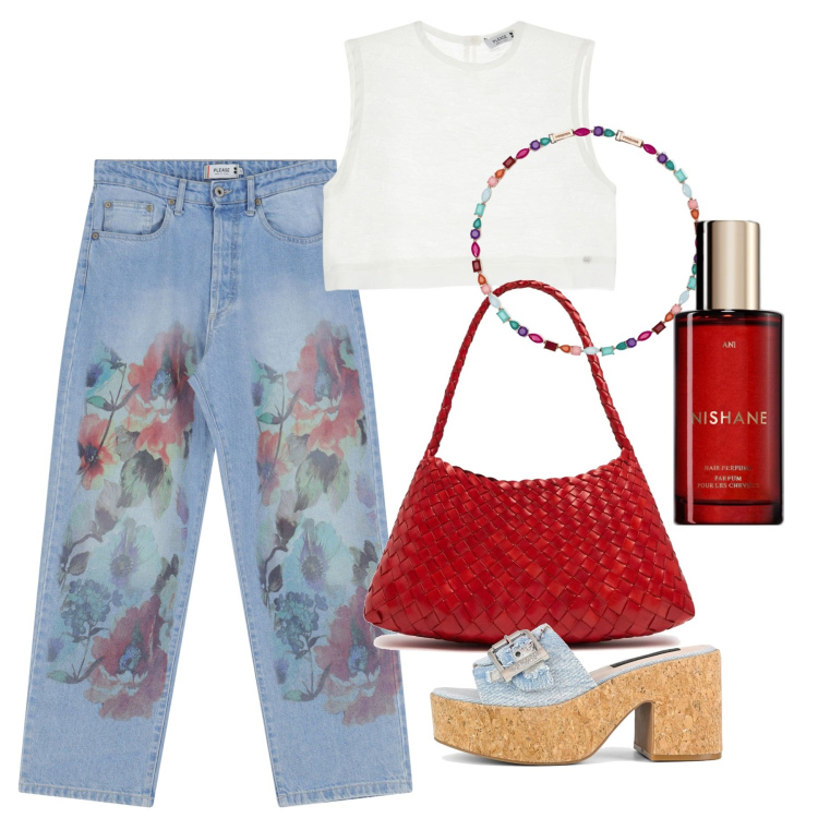 Outfit donna - Jeans a fiori. Stile Casual chic per Tutti i giorni. Abbinamento con profumi, collane, jeans dritti, top, sandali, borse a spalla.