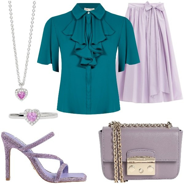 Outfit donna - Rouches strategiche e volumi romantici. Stile Glamour per Tutti i giorni. Abbinamento con borse a spalla, sandali col tacco, gonne lunghe, anelli, ciondoli, bluse.