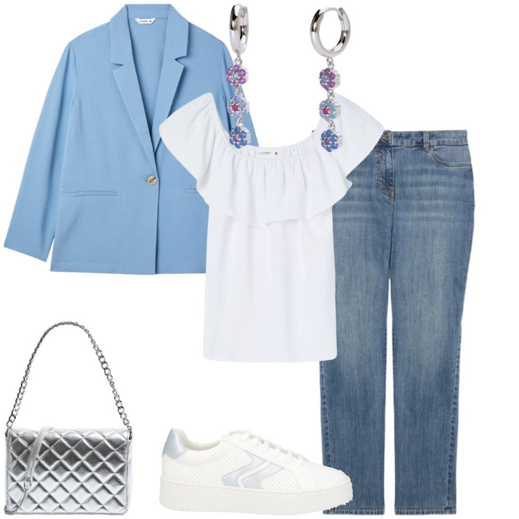 Outfit donna - La blusa con le rouches. Stile Casual chic per Tutti i giorni. Abbinamento con sneakers, blazer, bluse, borse a tracolla, orecchini, jeans skinny.